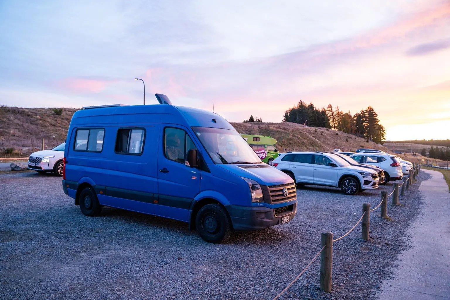 Blue Volkswagen Crafter campervan available to book near Queenstown